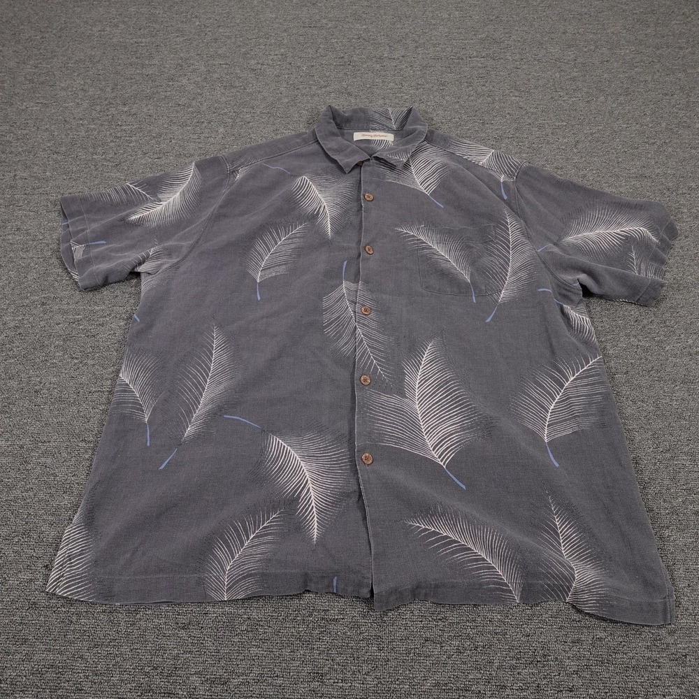 Tommy Bahama Shirt Mens 2XL Gray Silk Palm Leaf Hawaiian Short Sleeve Button Up